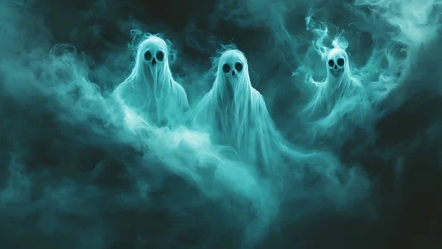 Three spectral skull figures in teal vaporous environment.