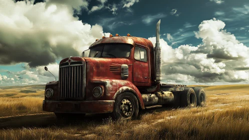 Rust-red highway ghost idling beneath wild prairie skies.