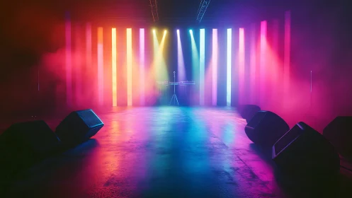 Empty concert stage glows under vertical neon light columns