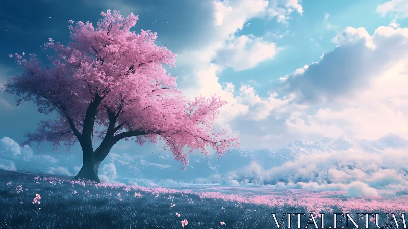 Dreamlike cherry blossom tree under luminous spring sky.