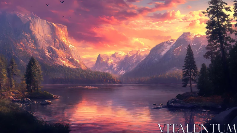 Crimson sunset serenades a tranquil mountain valley lake.