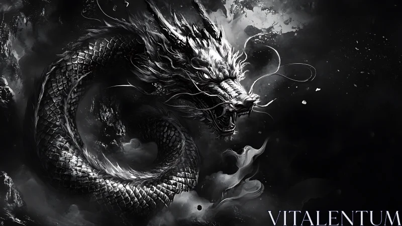 Stormlit silver dragon swirling through midnight clouds.