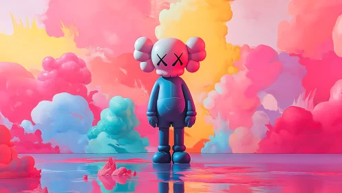 Toy-like blue figure stands before vivid pastel clouds