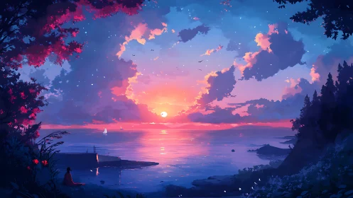 Digital seascape depicts sunset over calm water surface