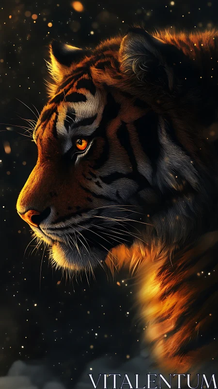 Tiger profile is rendered with directional warm rim lighting