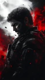 Brooding tactical soldier amid stark red smoke field.