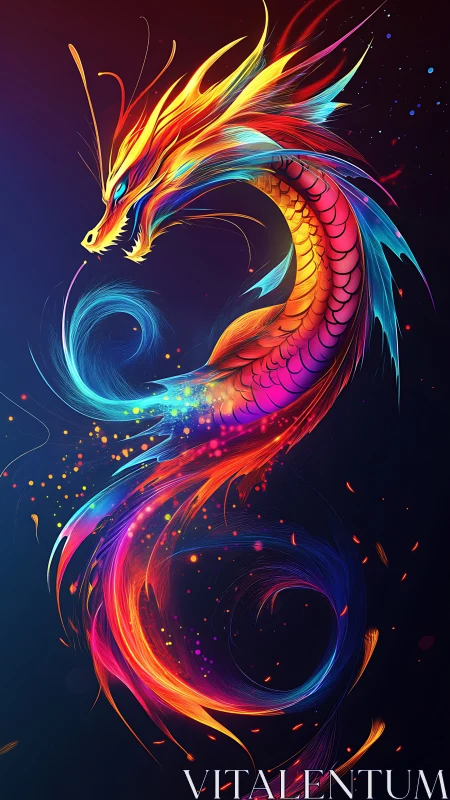 Radiant rainbow dragon swirling through glowing night sky.