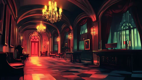 Gilded palace corridor under dramatic cinematic lighting.
