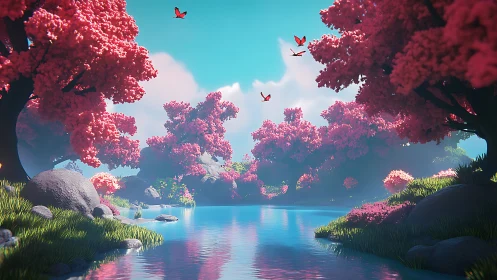 Enchanted pink riverside glows under clear spring skies