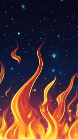 Stylized flame illustration with celestial background elements and gradient layering
