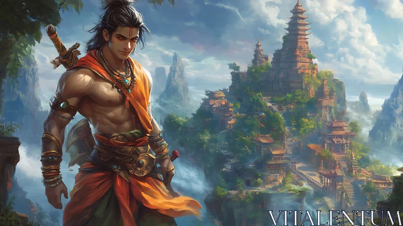 Warrior stands before multi-tiered mountain temple complex