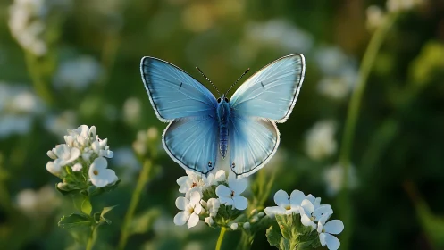 Blue butterfly rests symmetrically on white wildflowers