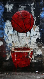 Red streetball mural over distressed urban brick wall.