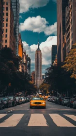 Yellow taxi drives toward Empire State Building on city street