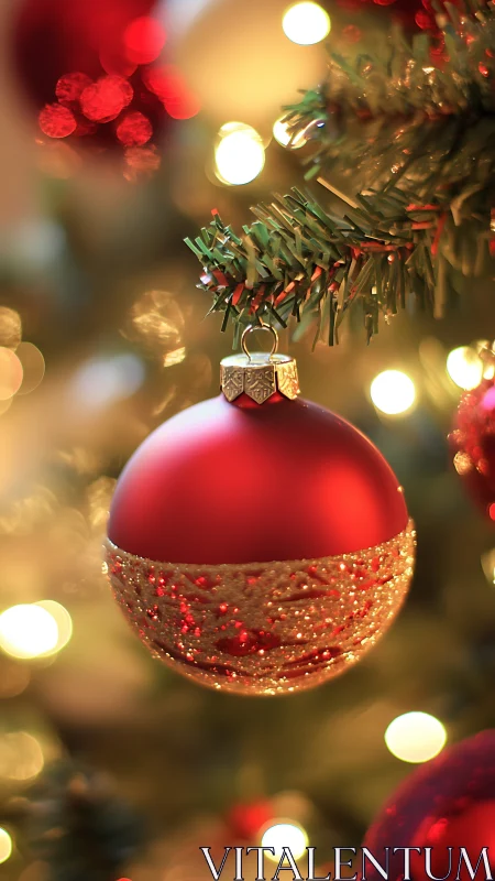 Red Christmas bauble glows softly on blurred festive tree