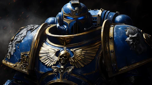 Armored blue space warrior stands in scorched darkness