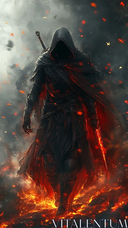 Hooded fireblade warrior strides through molten embers.
