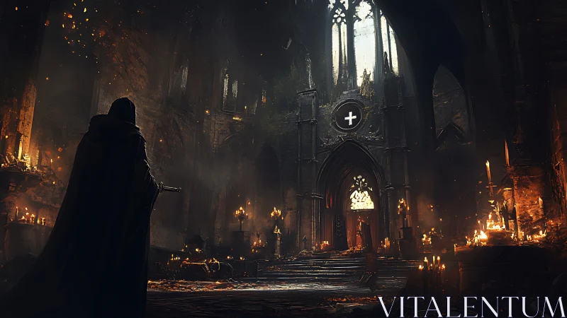 Dark cloaked figure in ruined candlelit gothic cathedral.
