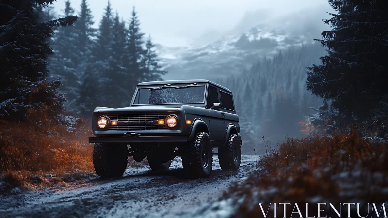 Classic off road truck glows against a misty alpine forest