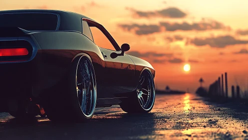 Classic muscle car on wet road at vivid sunset horizon.