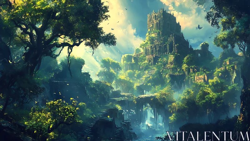 Vertical jungle citadel with terraced ruins and volumetric light.