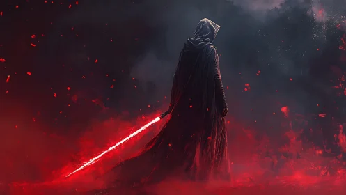 Hooded figure with red energy blade in dark misty field.