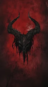 Horned demonic skull emerges from blood-red darkness.
