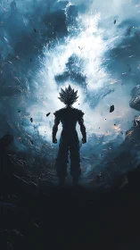 Silhouetted warrior stands before exploding blue energy vortex.