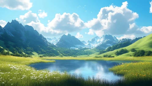 Mountain lake reflects grasslands and distant snowy peaks