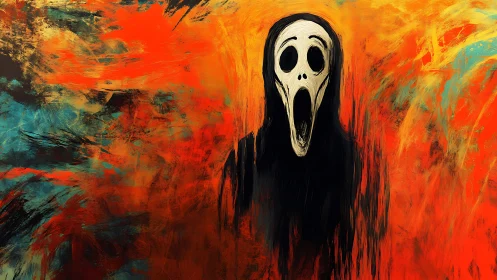 Howling mask drifts through a storm of molten color and fear.