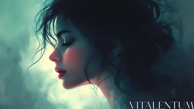 Profile portrait of woman in teal mist with soft light.