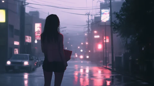 Rain-soaked city street with lone girl in neon haze.