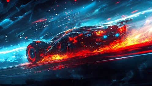 Neon inferno racer streaks through a blazing cyber skyline.