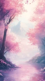 Dreamy pink riverside under hazy mountain light.