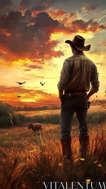 Cowboy observes a blazing prairie sunset in painterly detail