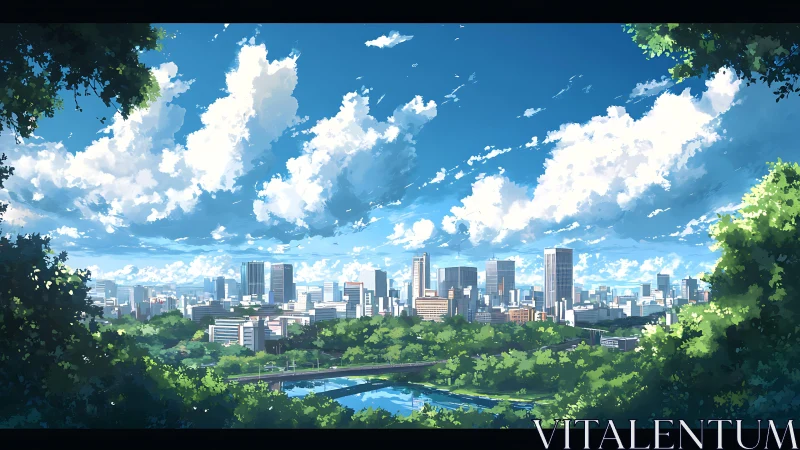 Sky-drenched city skyline framed by lush dreaming trees.