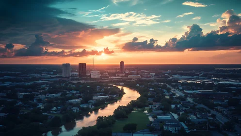 Dramatic urban skyline rendered under high-contrast sunset lighting