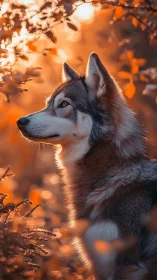 Husky profile glows under golden autumn forest light.