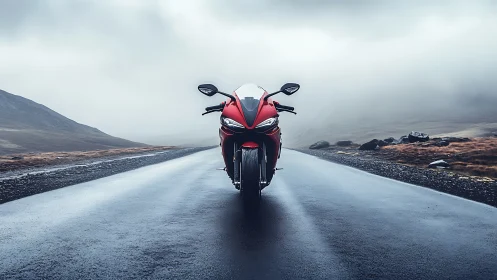 Bold red motorcycle waits on a misty open mountain road