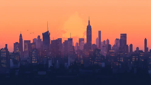 Dense highrise skyline under orange twilight atmospheric haze
