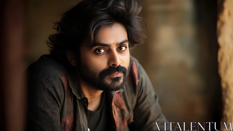 Man with intense gaze leaning in warm rustic light portrait.