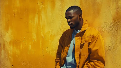 Brooding daydreamer against a sun-drenched mustard wall.