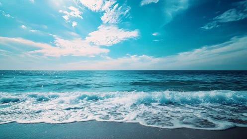 Turquoise shoreline under expansive luminous cloudscape.
