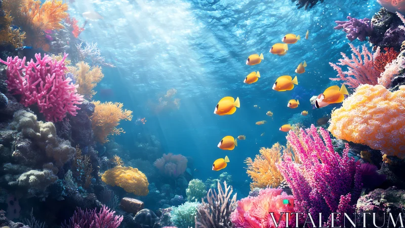 Sunlit coral reef welcomes a bright school of yellow fish