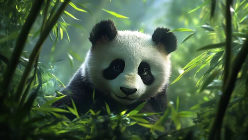 Photoreal panda portrait amid lush green bamboo forest.