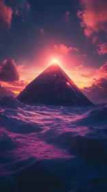Luminous pyramid rises over glowing alien dunes at sunset