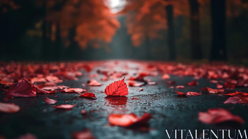 Single wet red leaf rests on asphalt amid fallen foliage
