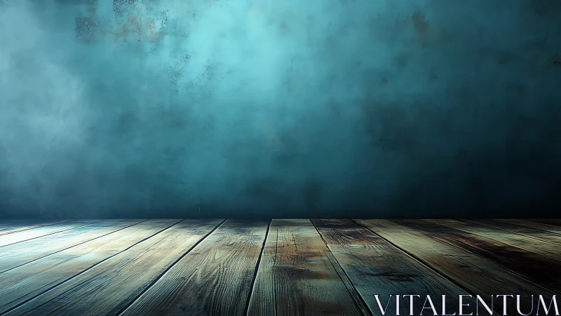 Empty wooden floor with textured blue wall background.