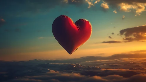 Red heart-shaped balloon floating above cloud formations
