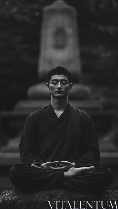 Monk in deep meditation before stone monument in grayscale.